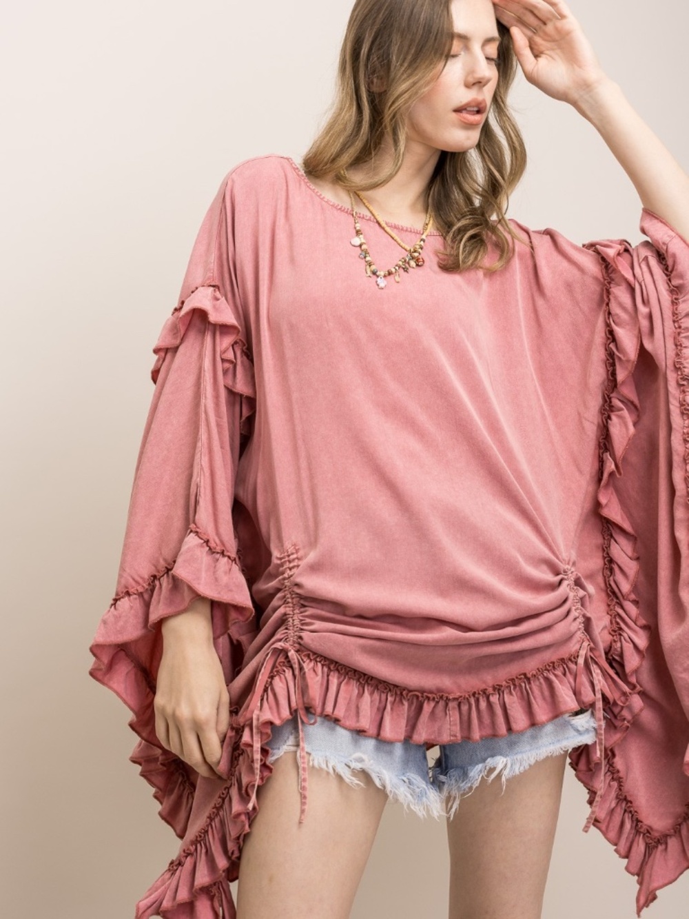 Bluevelvet Rosewood Round neck Ruffle detail Poncho Loose Fit top